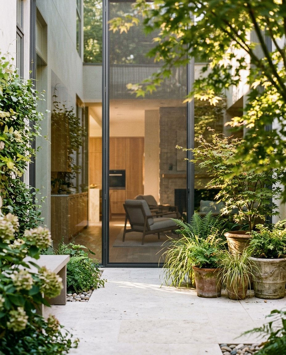 Modern courtyard with floor-to-ceiling glass doors and lush greenery at a Venice Beach home, Los Angeles