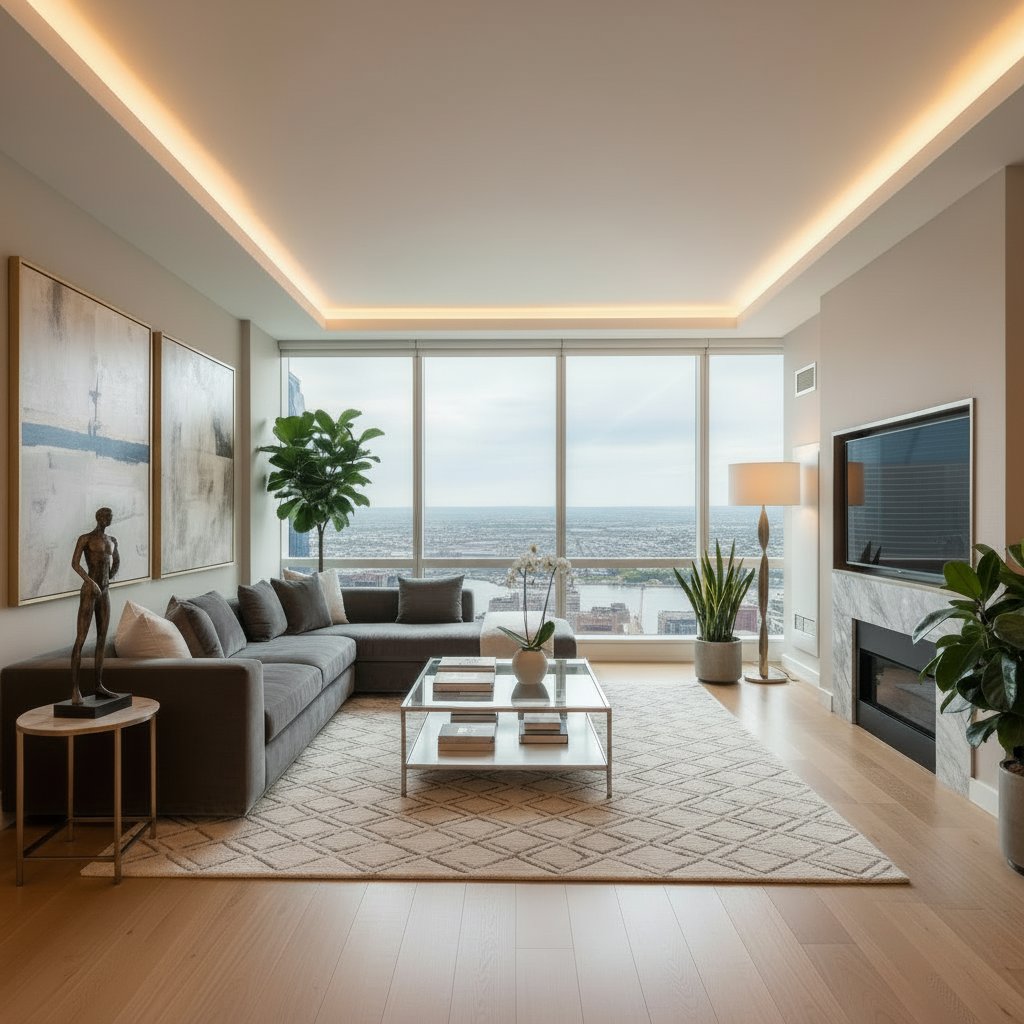 A luxurious, modern high-rise living room with a panoramic city skyline view, featuring contemporary furniture, subtle lighting, and elegant decor.