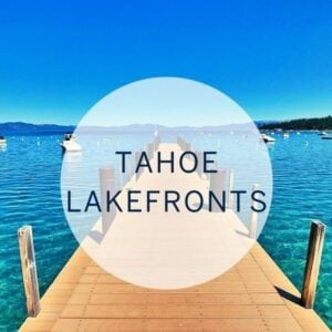 Wooden dock extends into Lake Tahoe beneath the title “Tahoe Lakefronts.”