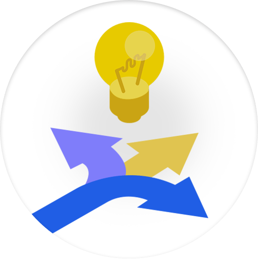 Light bulb above branching arrows pointing in different directions.