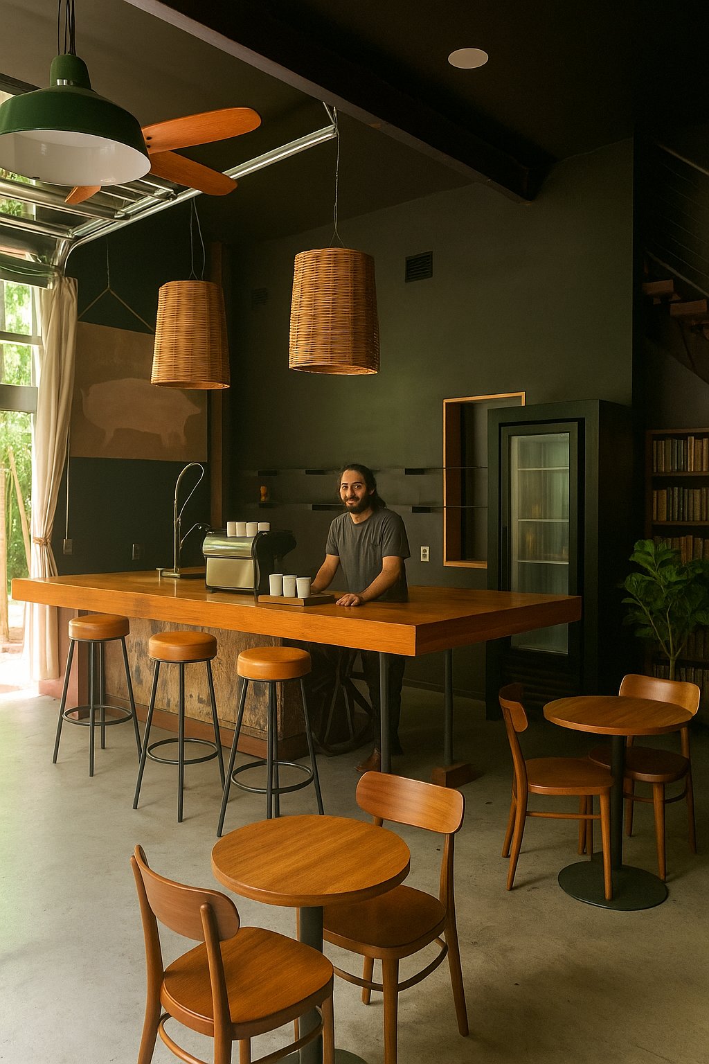 AI concept rendering of a possible use: cafe seating around the wood bar at 640 Tillery Street, East Austin. Not the current condition.