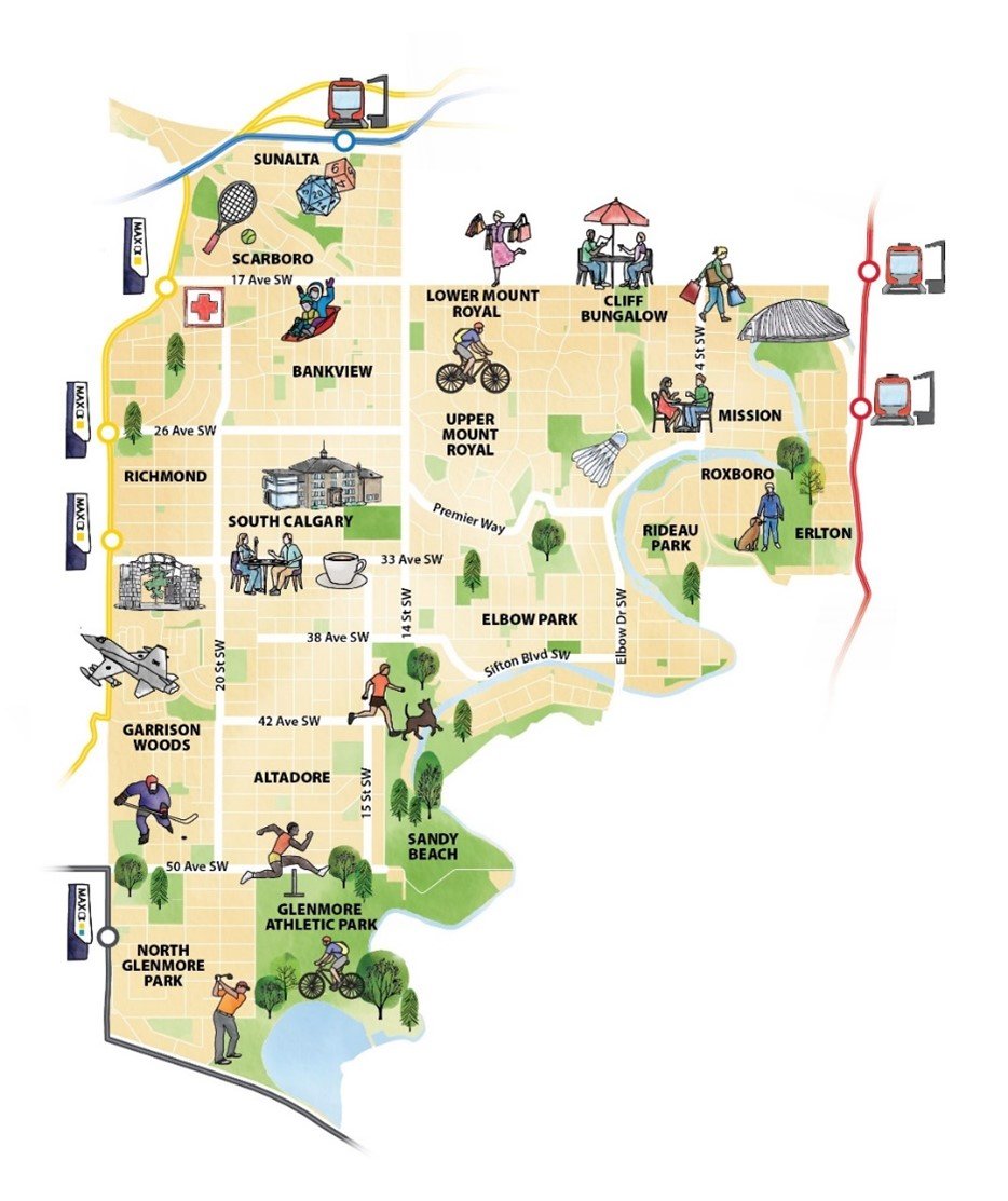 This illustrated map highlights the 16 inner-city neighborhoods included in Calgary's West Elbow Communities Local Area Plan. It showcases key landmarks, parks, and transit access points while reflecting each community’s unique character