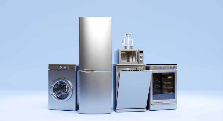 A collection of various appliances displayed against a blue background, showcasing their diverse designs and functions.