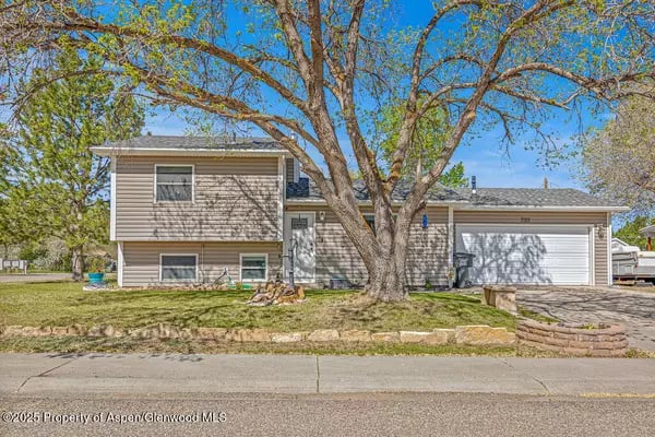 Two-story beige home with an attached garage and a large tree in the front yard.