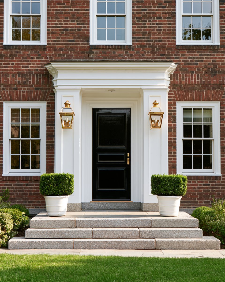 Brick home entrance with a black door, white trim, brass lanterns, and stone steps.