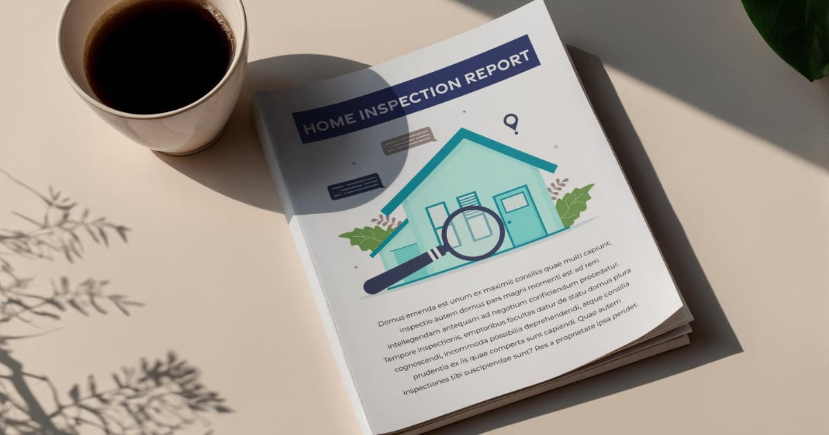 Home inspection report booklet with a house illustration beside coffee in warm sunlight.