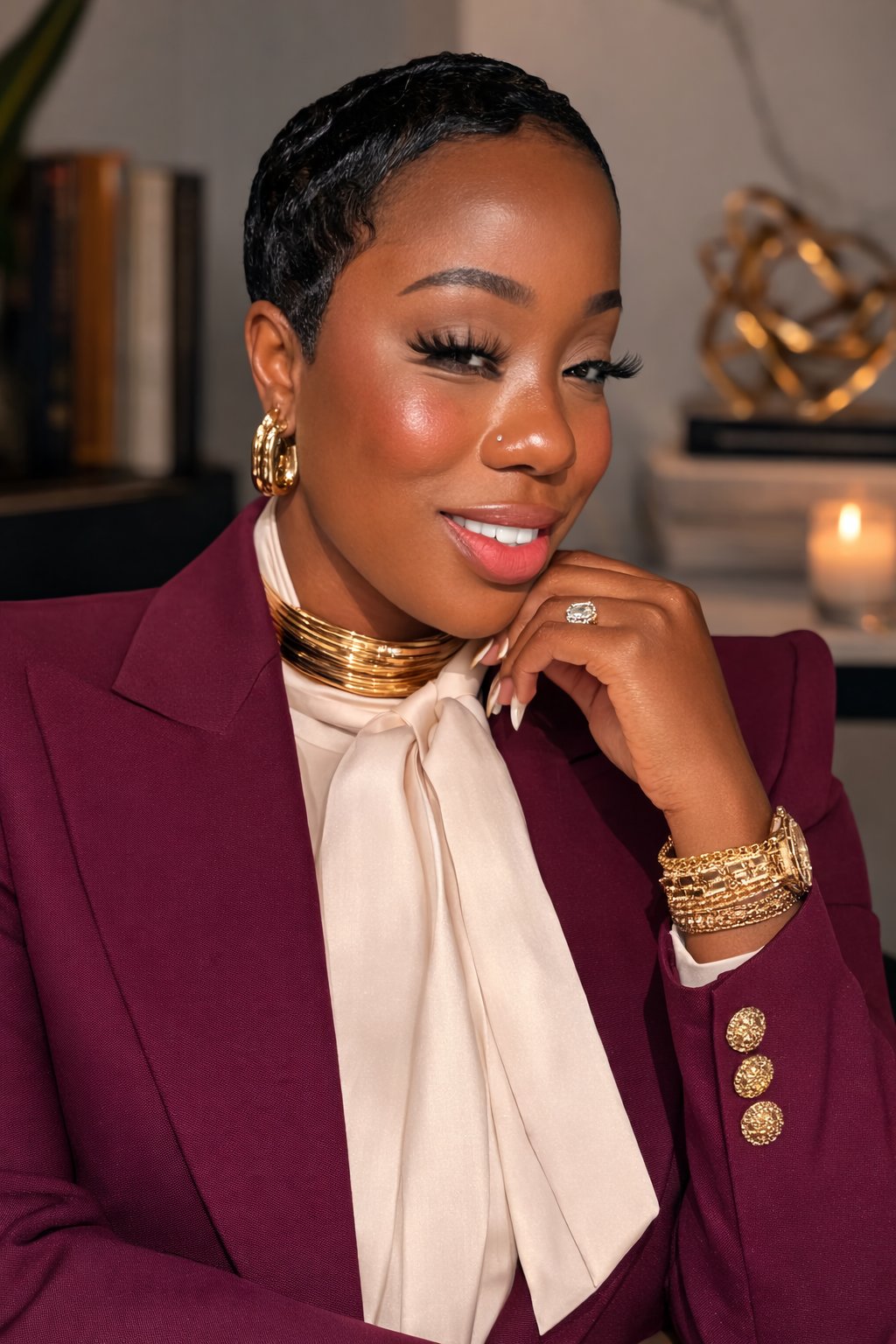Jennifer Simmons in a burgundy suit and cream blouse, wearing gold jewelry.