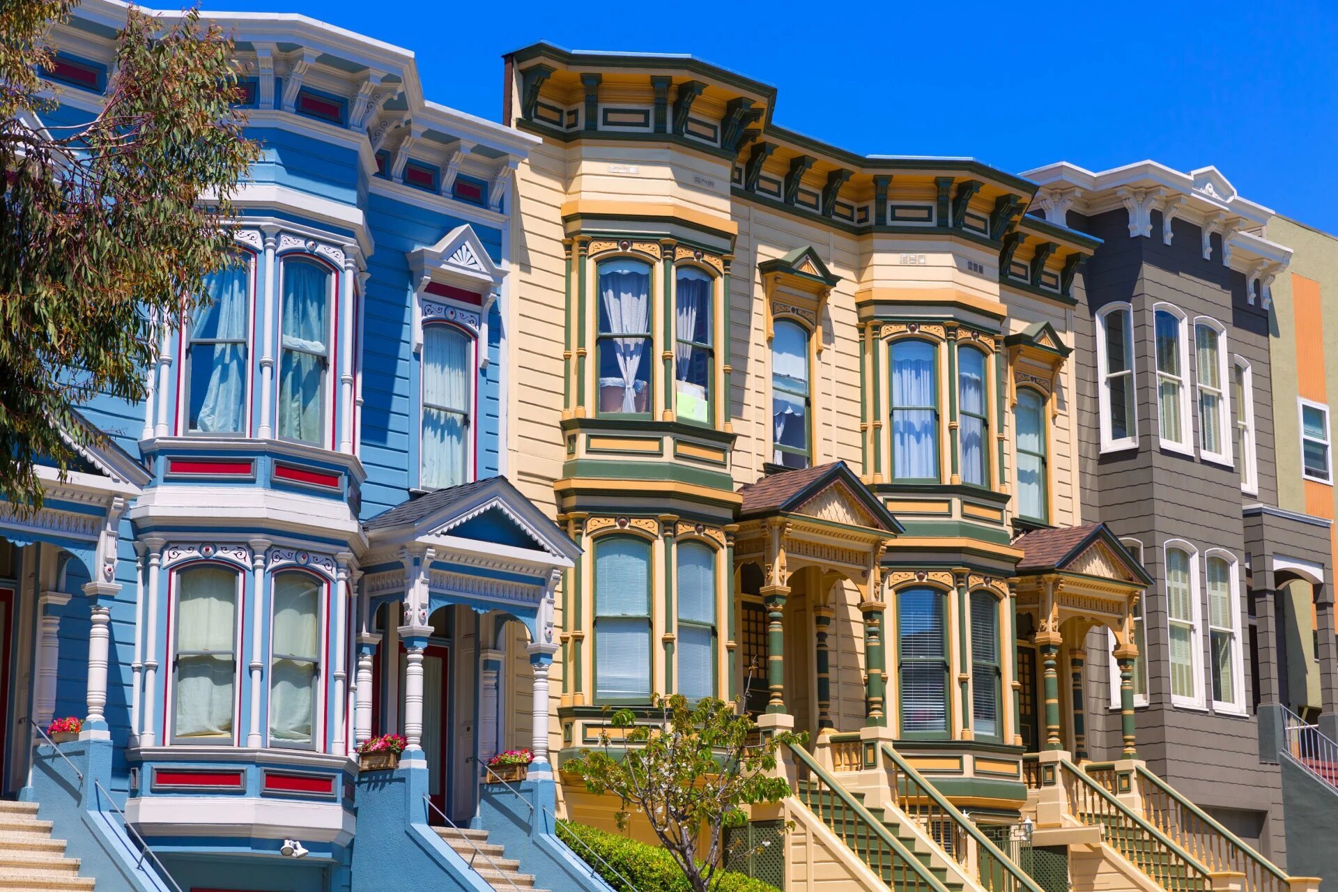 Pacific Heights neighborhood in San Francisco, featuring a street lined with grand Victorian and Edwardian mansions, tree-lined sidewalks, and panoramic views of the San Francisco Bay and the Golden Gate Bridge.