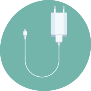 A two-prong power adapter with a cable ending in a small connector.