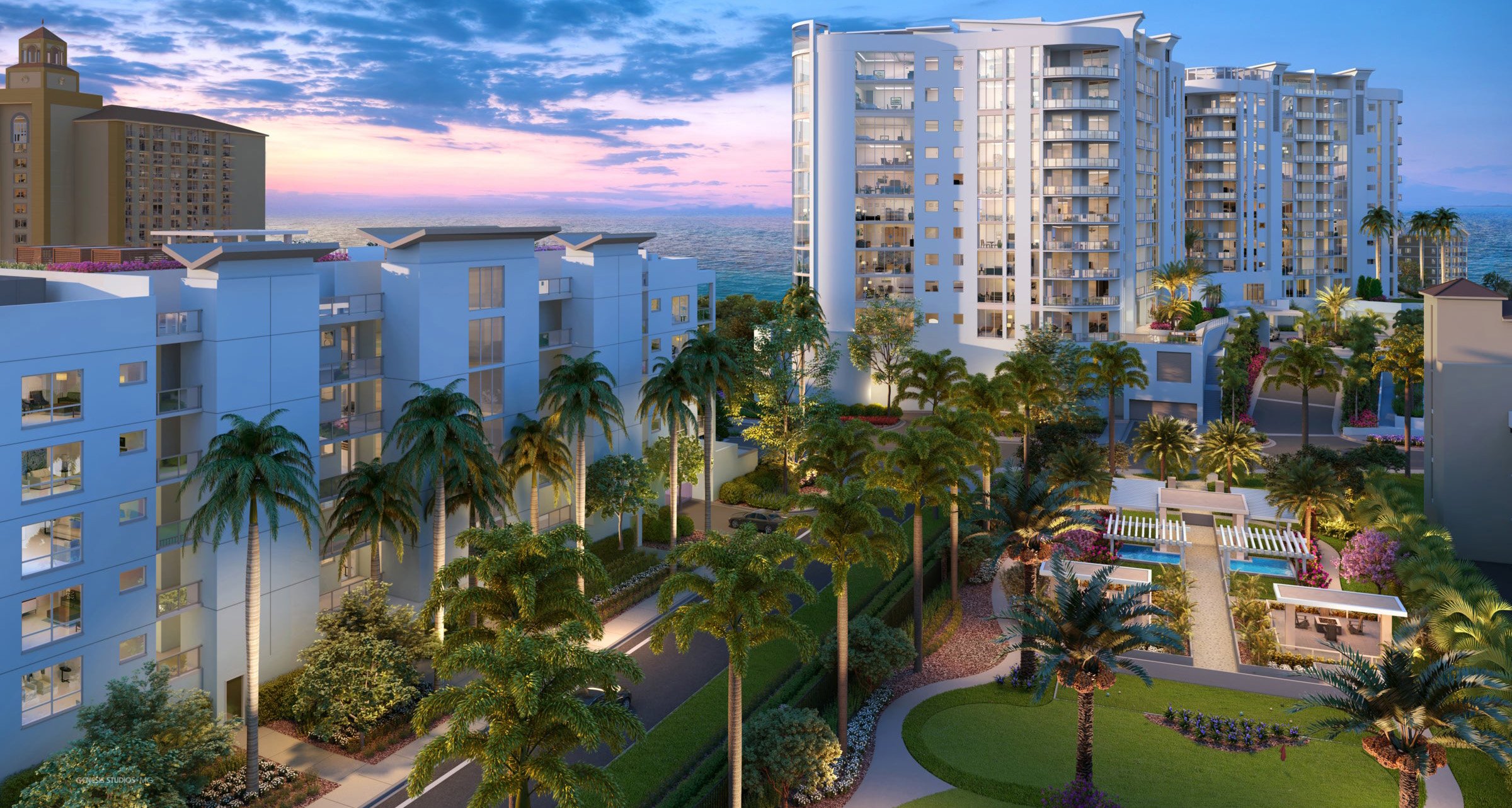 Dusk rendering of the towers, landscaped grounds and pool deck at The Ritz-Carlton Residences, Naples
