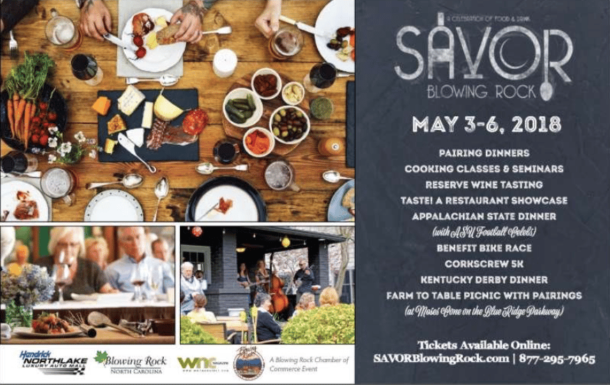 Savor Blowing Rock wine and food festival flyer, May 3–6, 2018.