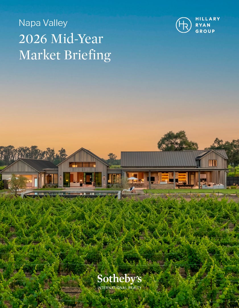 Napa Valley 2026 Mid-Year Market Briefing cover, showing a modern home and pool among vineyards at dusk.