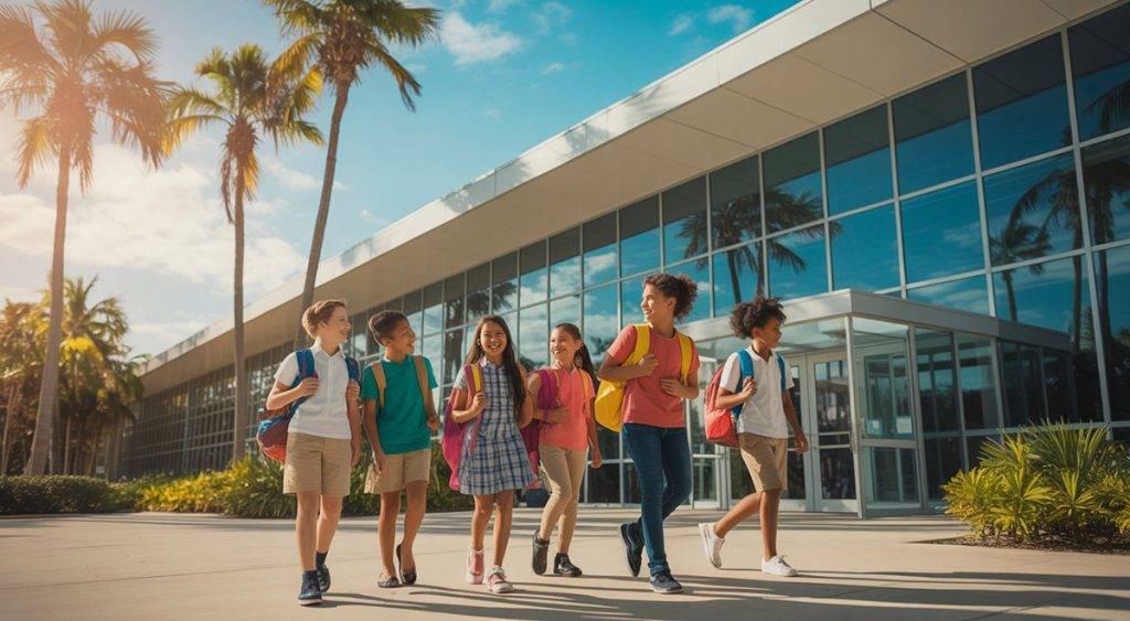 Children walking into school with colorful backpacks during the first week of the school year in Florida.