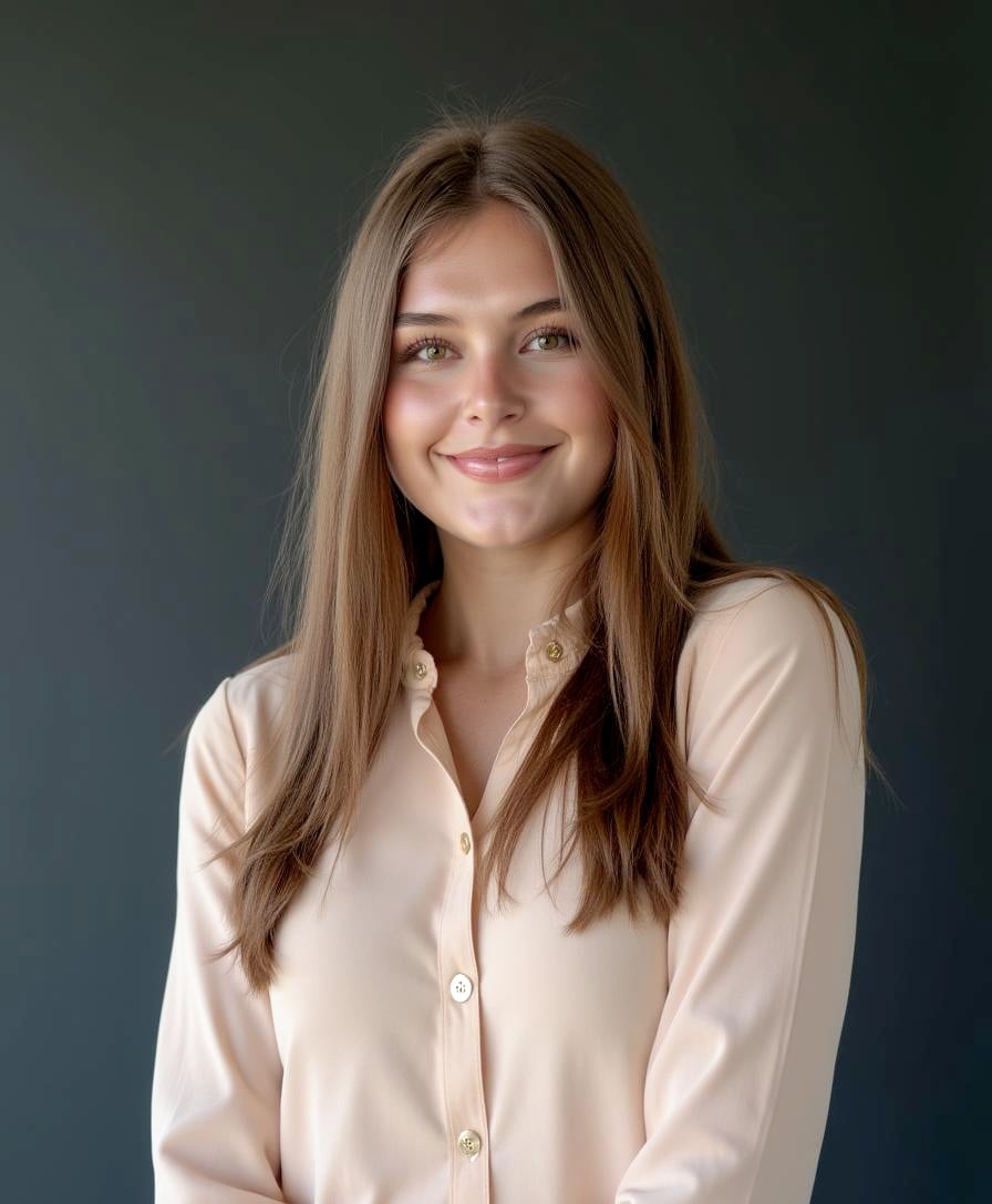 Madison Hauskins smiles in a pale blouse against a dark background.