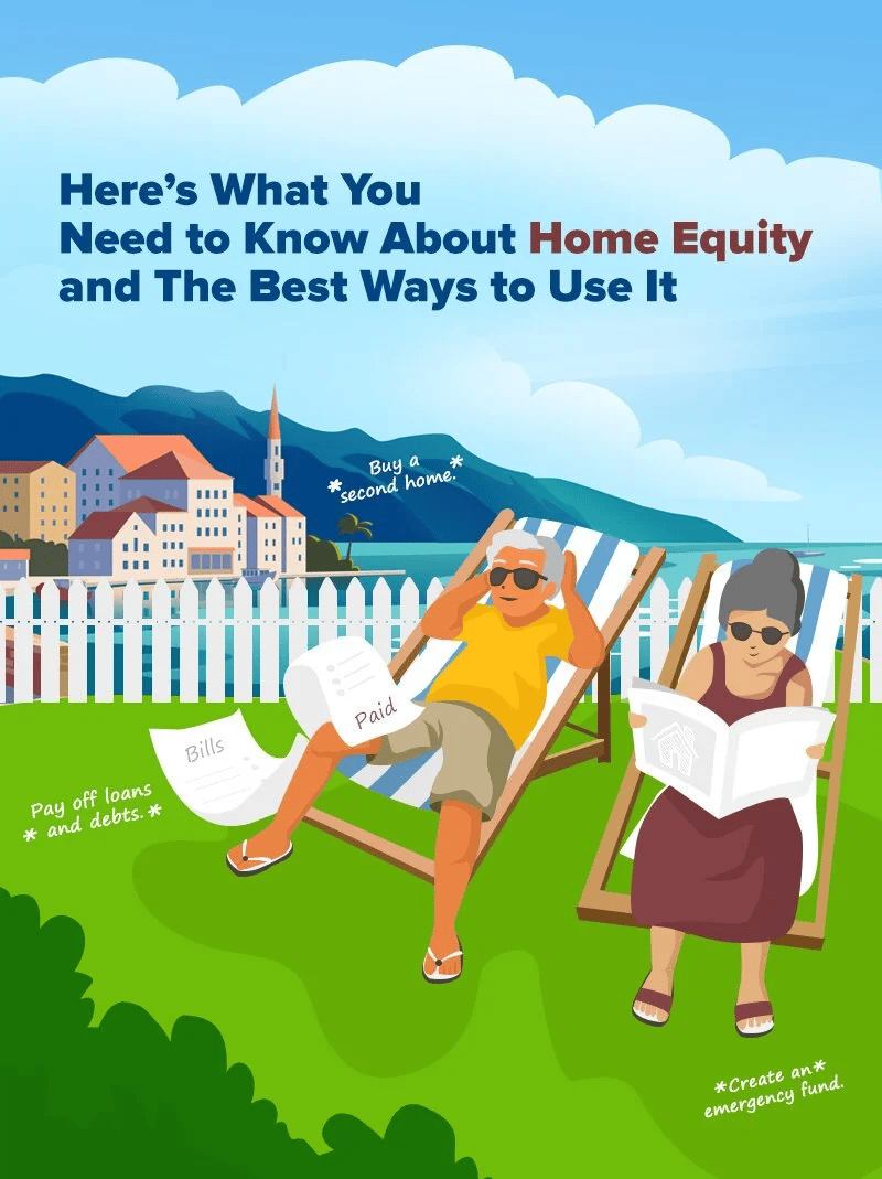 Illustration about using home equity, showing people relaxing by a waterfront town with financial tips.
