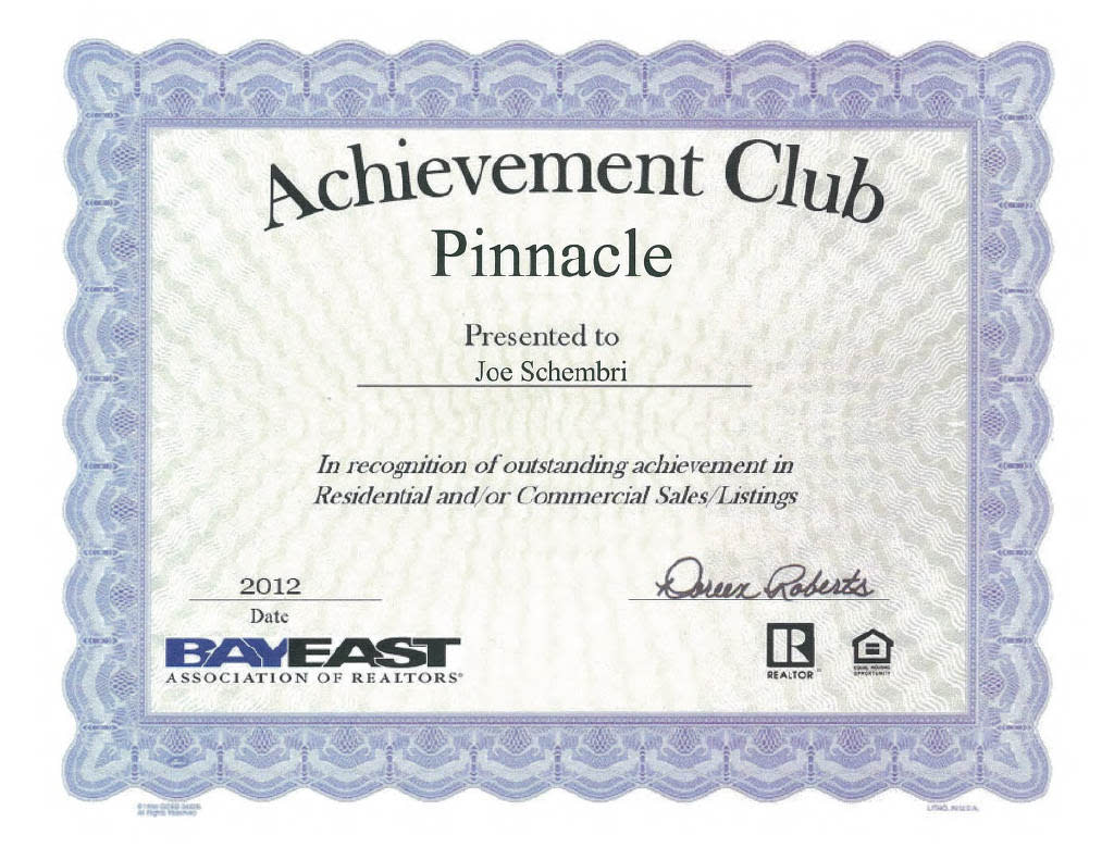 It is presented to "Joe Schembri" in recognition of outstanding achievement in Residential and/or Commercial Sales/Listings. The date "2012" is visible