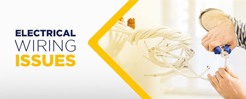 Electrical wiring issues, with exposed wires and hands repairing a wire.