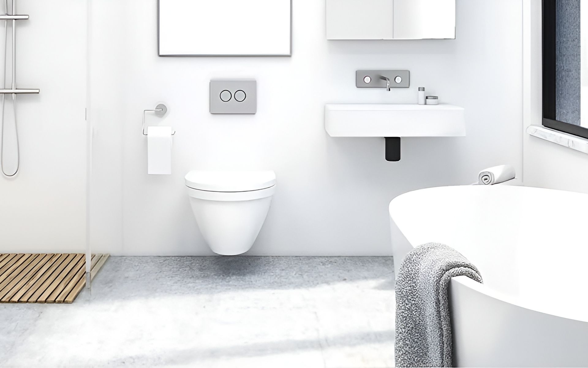Modern white bathroom with a freestanding tub, wall-mounted sink and toilet, and wood-slat shower floor.