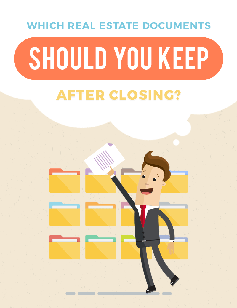 Real estate documents to keep after closing, with an agent holding paper beside file folders.