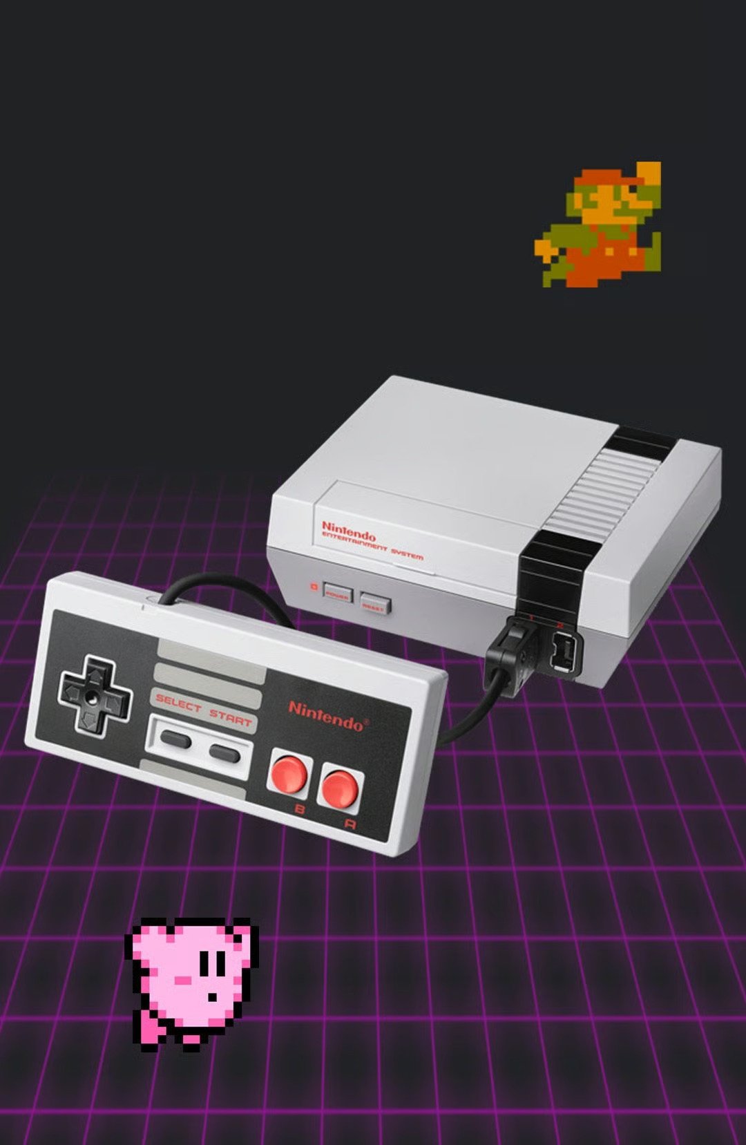 Nintendo Entertainment System console and controller on a purple grid, with pixel-art characters.