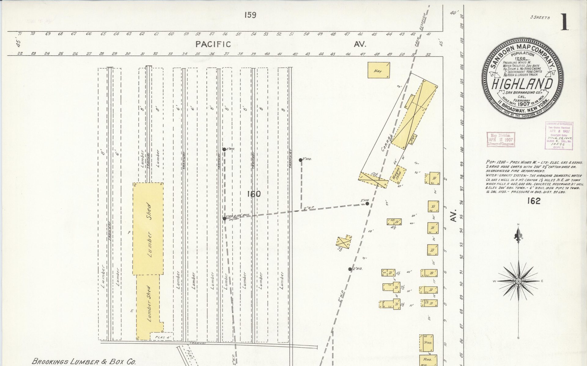 Detail of the 1907 Sanborn fire insurance map of Highland showing Pacific Avenue, Boulder Avenue and the Brookings lumber yard