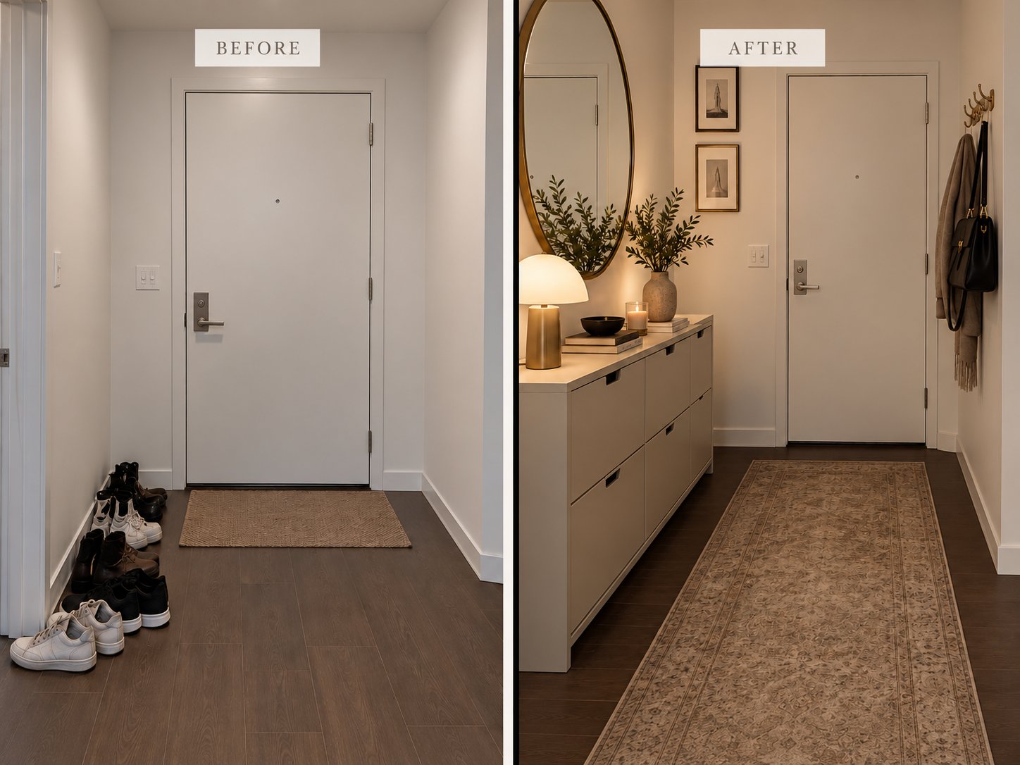 Entryway before and after styling, with a console, oval mirror, framed art, hooks, and patterned runner.