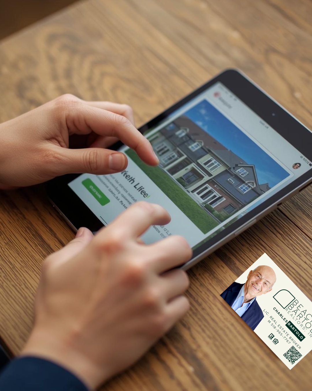 A homebuyer using a tablet to search for houses online, representing the start of the home buying process.