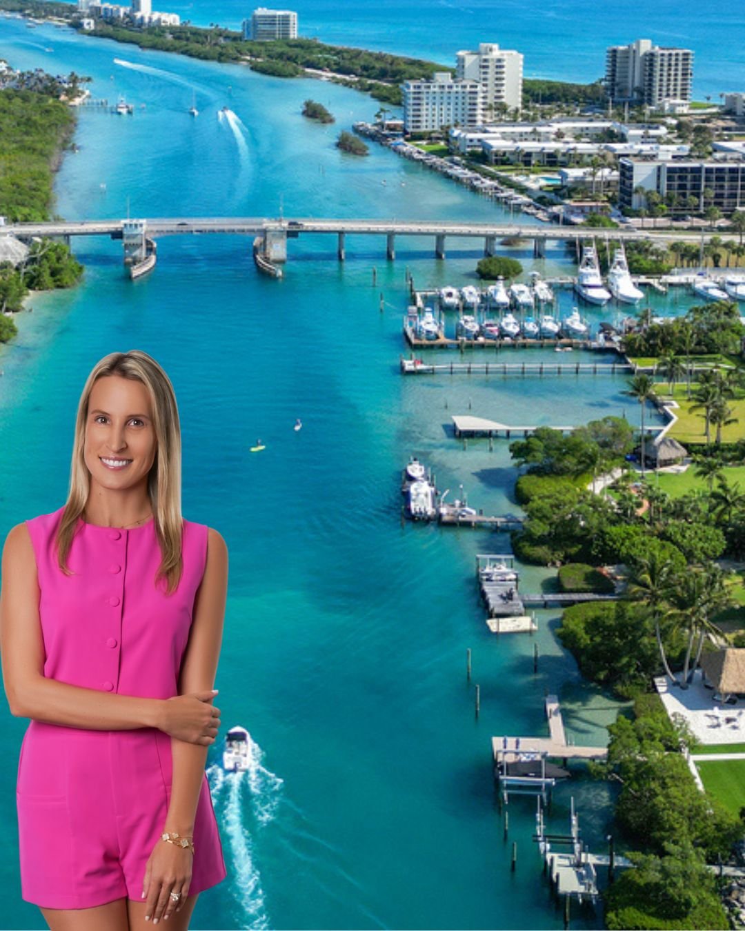 Aerial waterfront marina and bridge with a realtor in a bright pink outfit in the foreground.