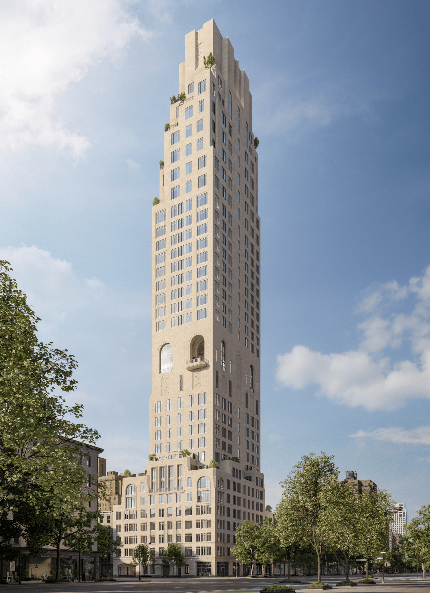 Architectural rendering of 255 East 77, a slender stone tower with landscaped setbacks and arched windows.