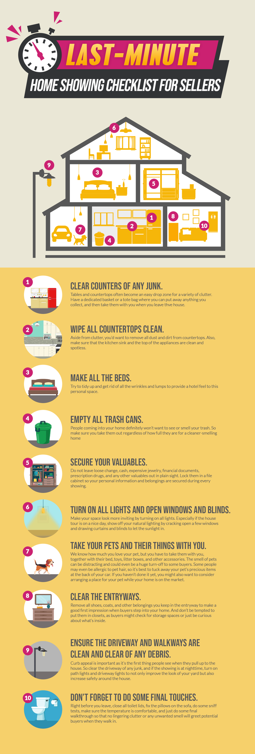 Last-minute home showing checklist infographic with ten illustrated tips for sellers preparing their homes.