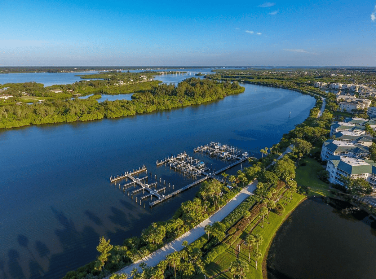 Vero Beach Florida barrier island Intracoastal Waterway marina Indian River Lagoon aerial view deep-water dockage year-round