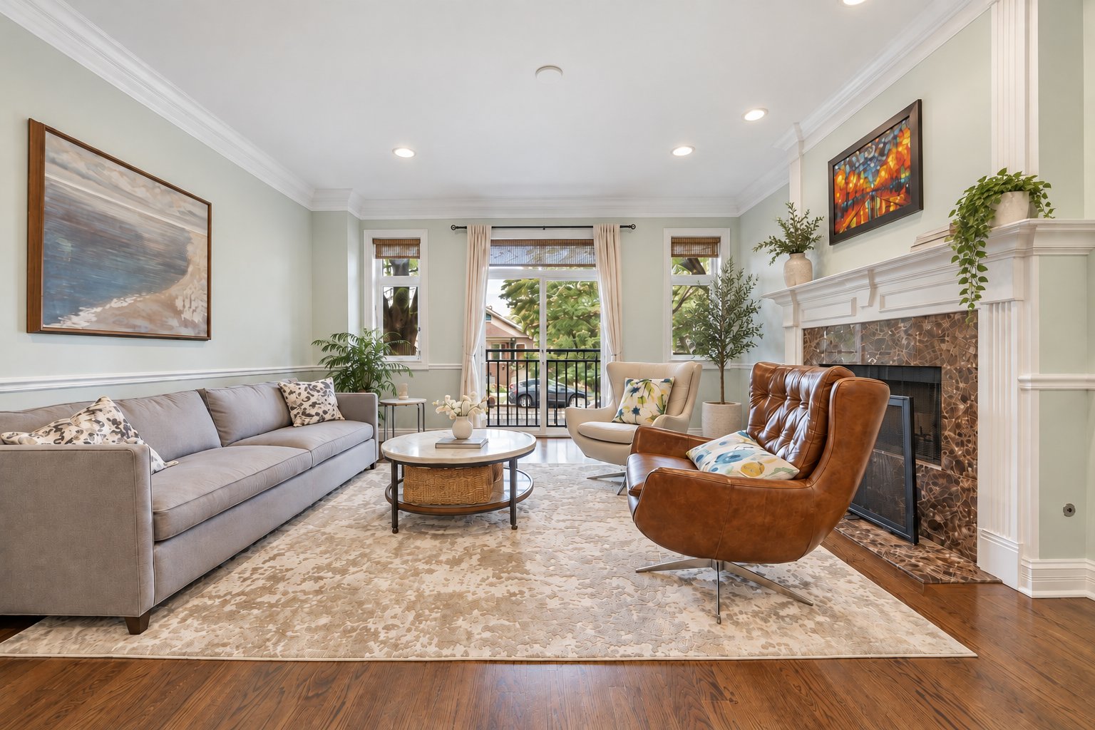 Living room in a Chicago duplex condo with a wood-burning fireplace, hardwood floors and a Juliet balcony at 4319 N. Richmond