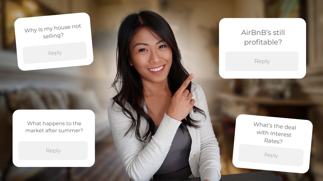 Raquel Refuerzo smiling and pointing upward with four real estate questions around her: “Why is my house not selling?”, “AirBnB’s still profitable?”, “What happens to the market after summer?”, and “What’s the deal with Interest Rates?” Text overlay relates to Houston housing market update.