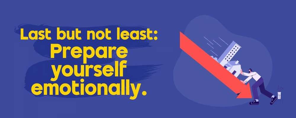 Home-buying guide graphic advises preparing yourself emotionally, with a person struggling against a downward arrow.