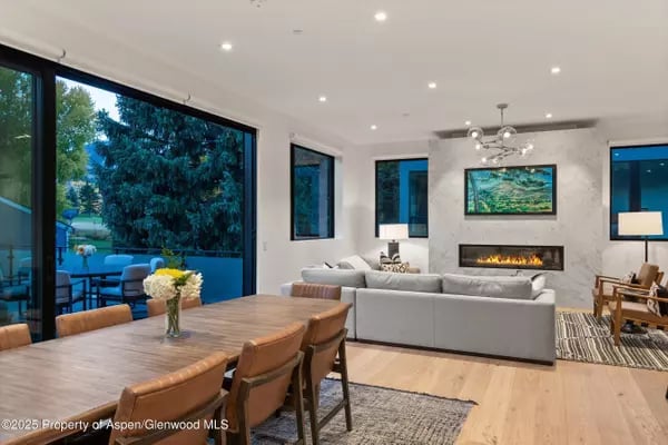 Open-plan living and dining room with floor-to-ceiling windows and a modern fireplace.