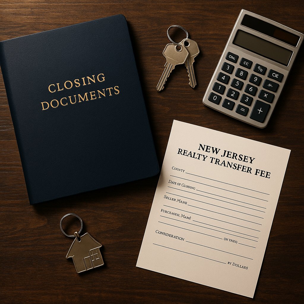 New Jersey real estate closing folder with keys and calculator