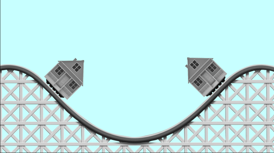 Two houses ride a roller-coaster track, illustrating fluctuations in the housing market.
