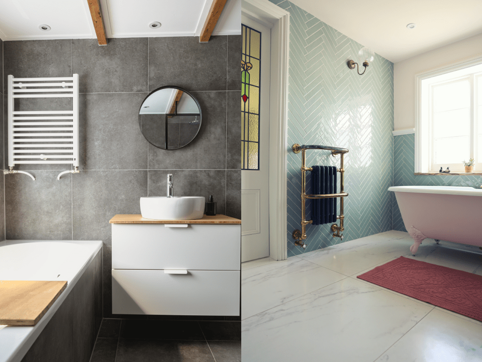 Two bathrooms compared: a gray-tiled modern bathroom and a pale blue bathroom with a pink clawfoot tub.