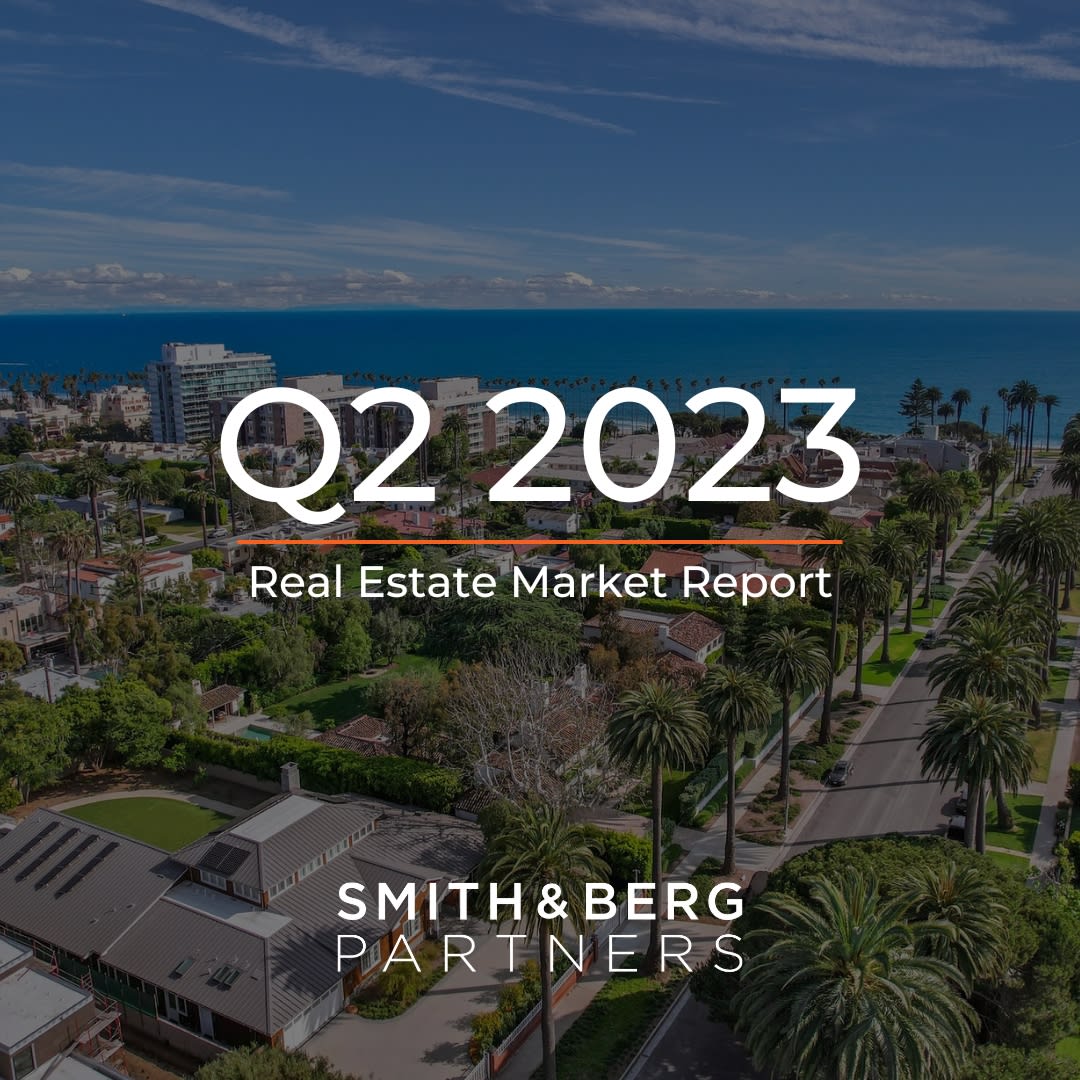  The cover of a "Real Estate Market Report" for "Q2 2023" features an aerial view of a coastal city. 