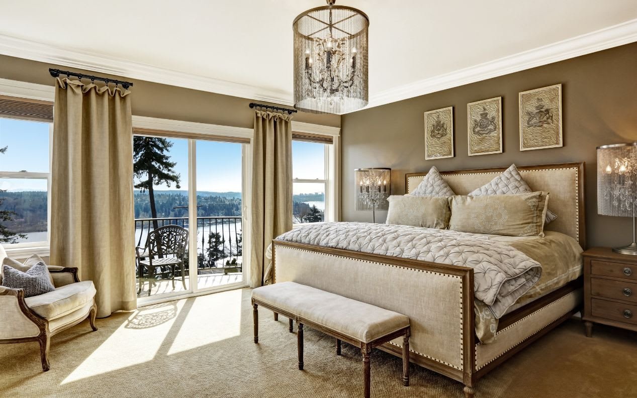Luxury bedroom interor with scenic view from deck