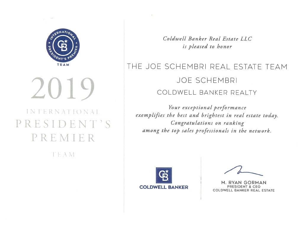  A white certificate for the "2019 INTERNATIONAL PRESIDENT'S PREMIER" award from Coldwell Banker.