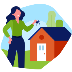 Woman holding keys beside an orange house.