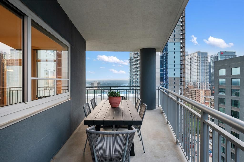 View of downtown and Lake Austin from the balcony of a condo at The Shores in Austin, Tx