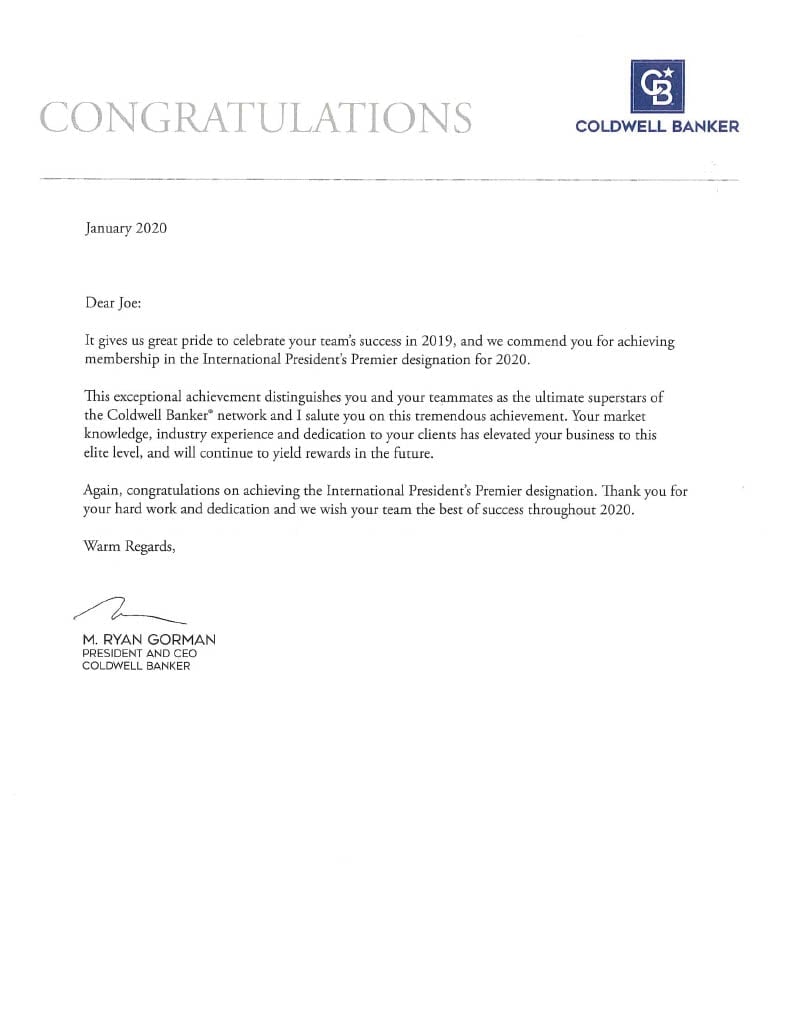  A formal letter on Coldwell Banker letterhead, dated January 2020, with the heading "CONGRATULATIONS."