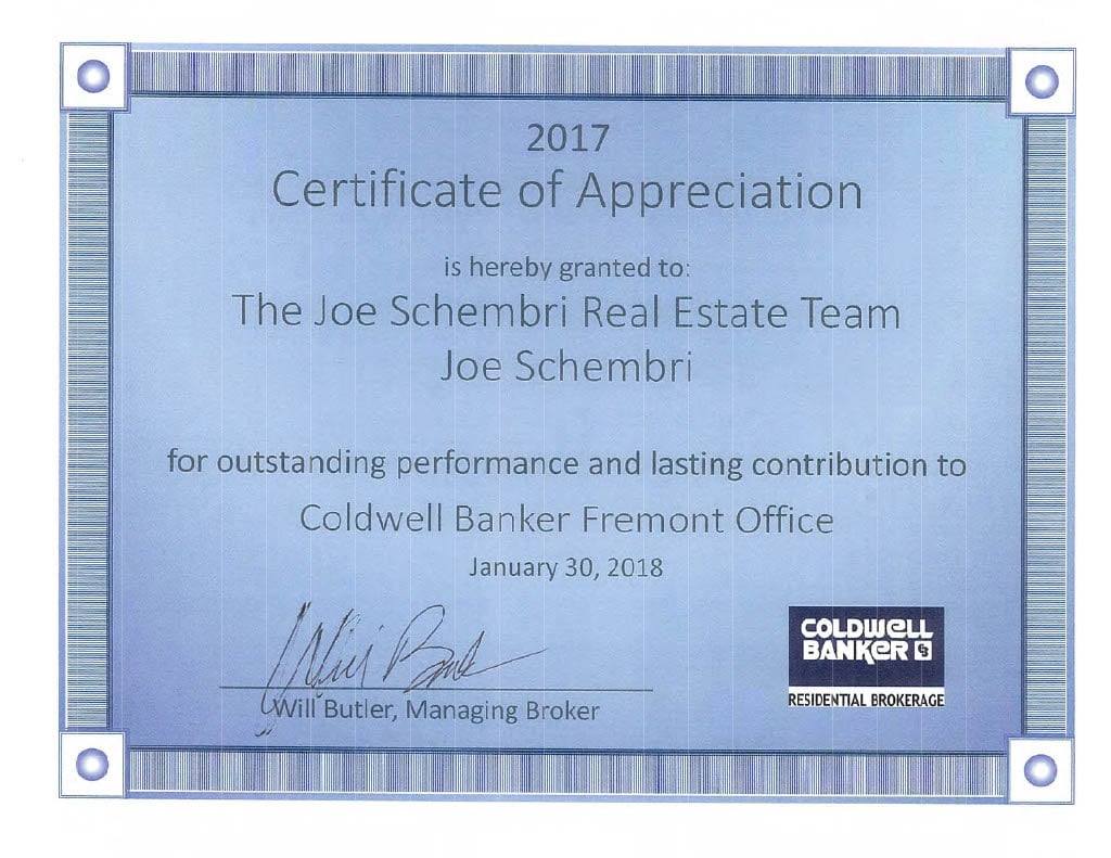  A light blue certificate of appreciation from Coldwell Banker. The certificate, dated January 30, 2018, is granted to "The Joe Schembri Real Estate Team" and "Joe Schembri" for "outstanding performance and lasting contribution to Coldwell Banker Fremont Office." 