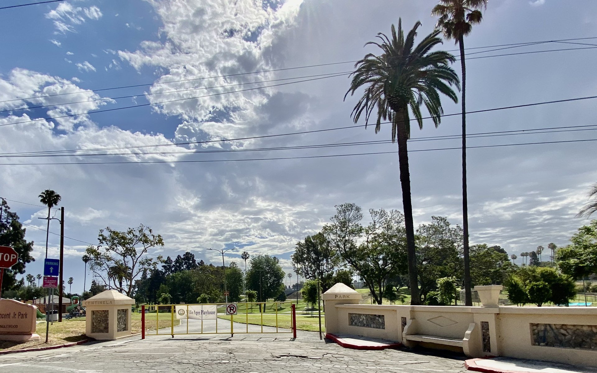 Palm-lined entrance to Edward Vincent Jr. Park in Inglewood, 2022