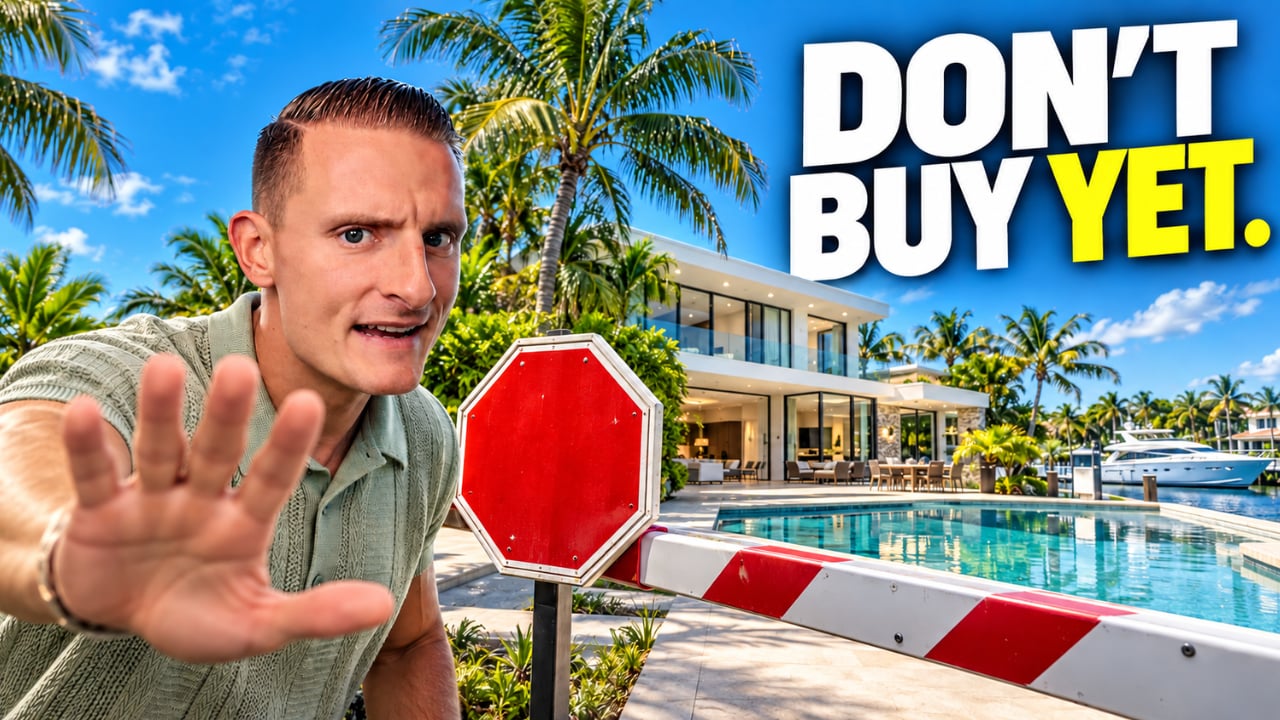Real estate blog graphic: a man signals stop beside a waterfront home and pool beneath the words “DON’T BUY YET.”