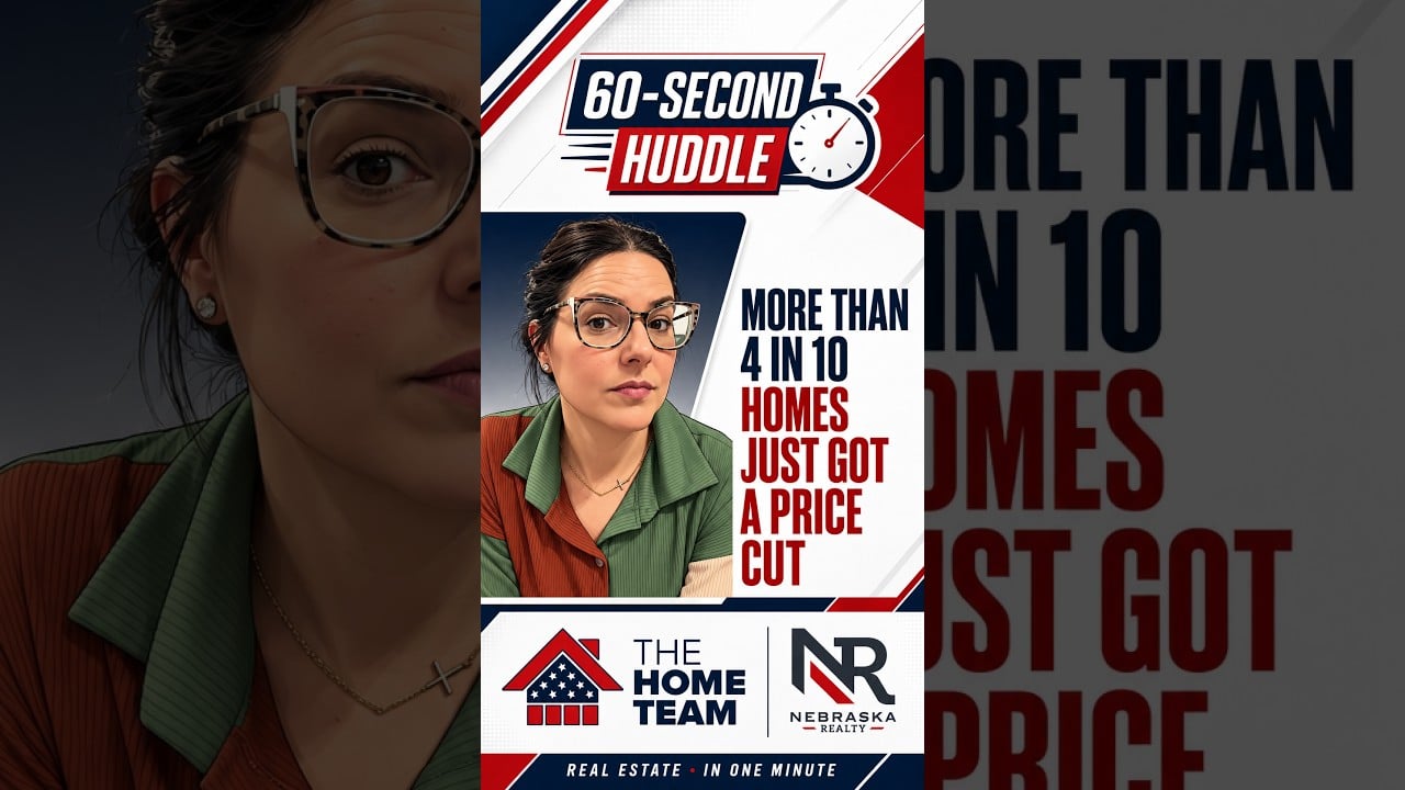The Home Team 60-Second Huddle tile: a woman presents a headline about homes getting price cuts.