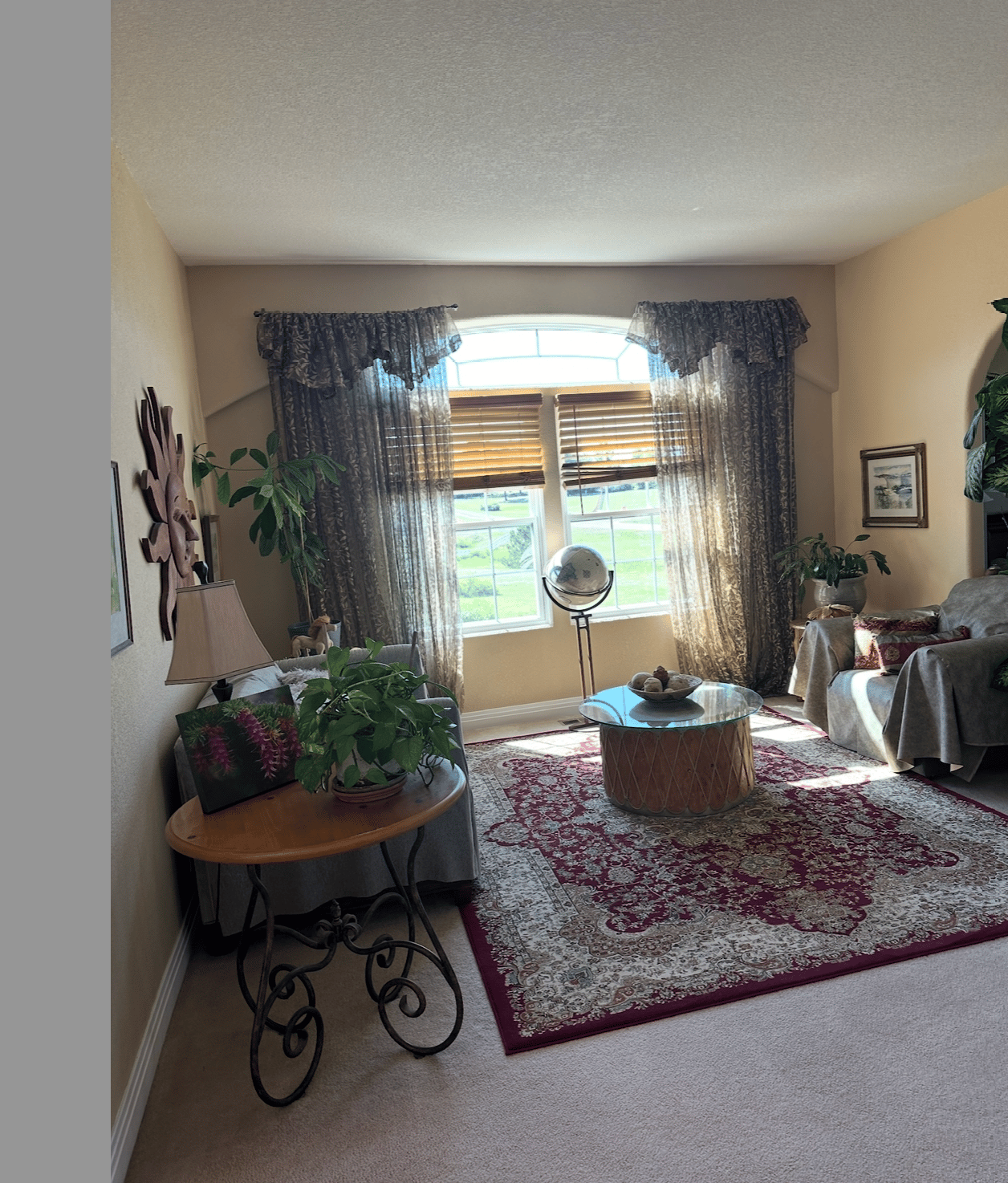 Living room with an arched curtained window, red patterned rug, glass coffee table, and plants.