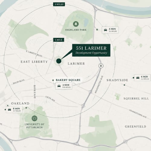 Map locating 551 Larimer among Pittsburgh neighborhoods, with nearby destinations and travel distances.
